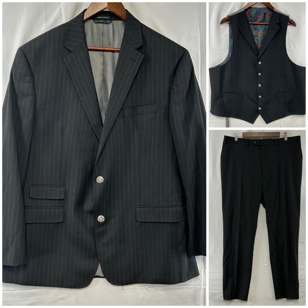 Sean John 3-Piece Suit Mens 46L 36x30 Black Pinstripe Blazer Vest Pants Set